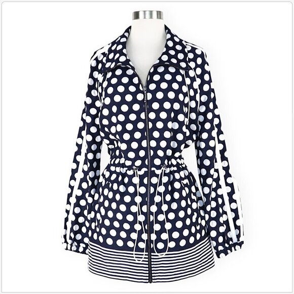 St. John Navy White Polka Dot Print Draw-Cord Waist Anorak Jacket Coat Size S - Picture 2 of 7